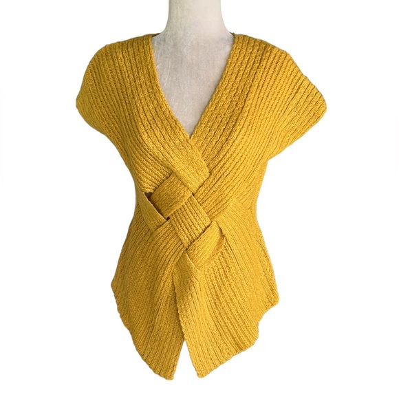 Anthropologie Escio Mustard Yellow Woven Knit Cap Sleeve V-Neck Sweater - S - Picture 1 of 12